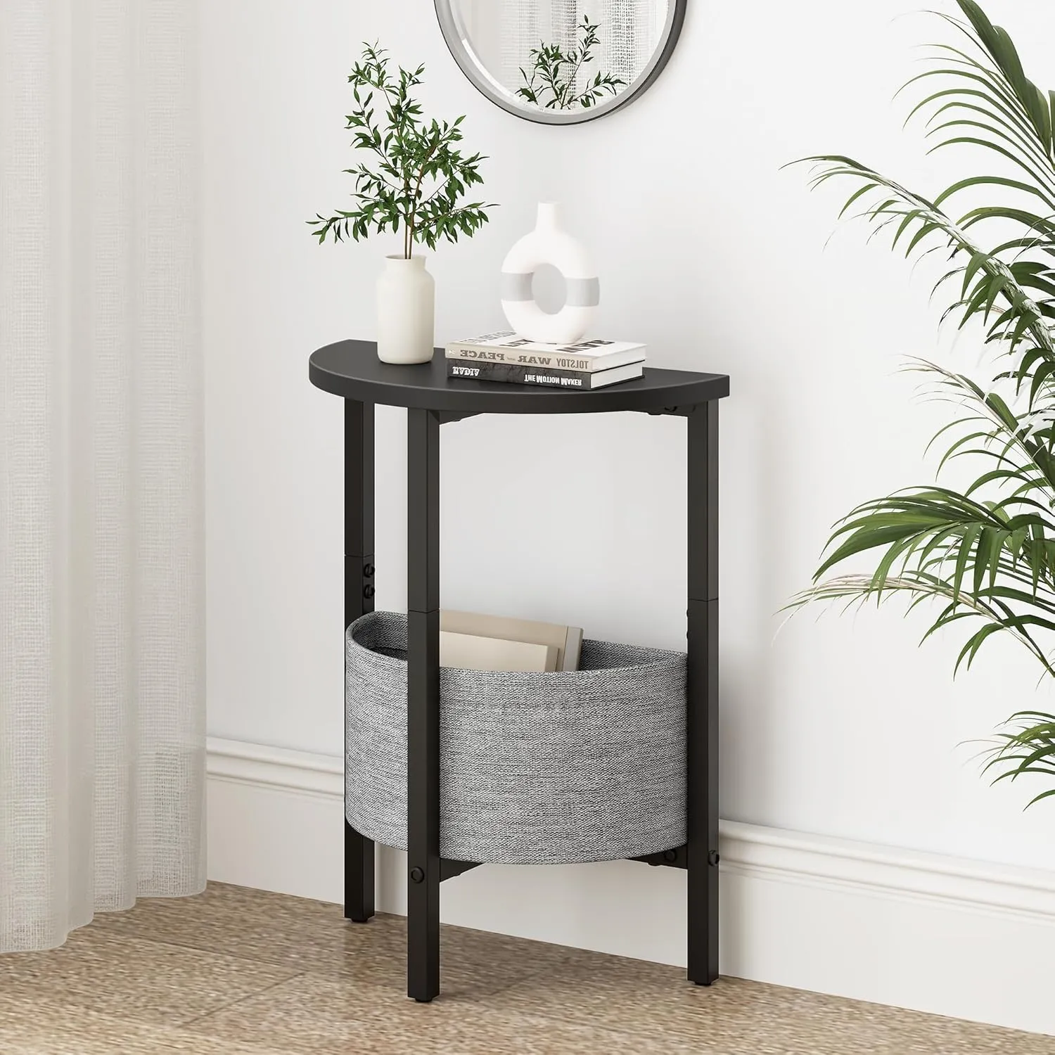 Vagusicc Side Table, Small Round End Table with Fabric Basket, Set of 2 Half Round Side Table Half Moon Tables, Modern Accent Coffee Tables, Sofa Table Nightstand for Living Room Bedroom Small Space