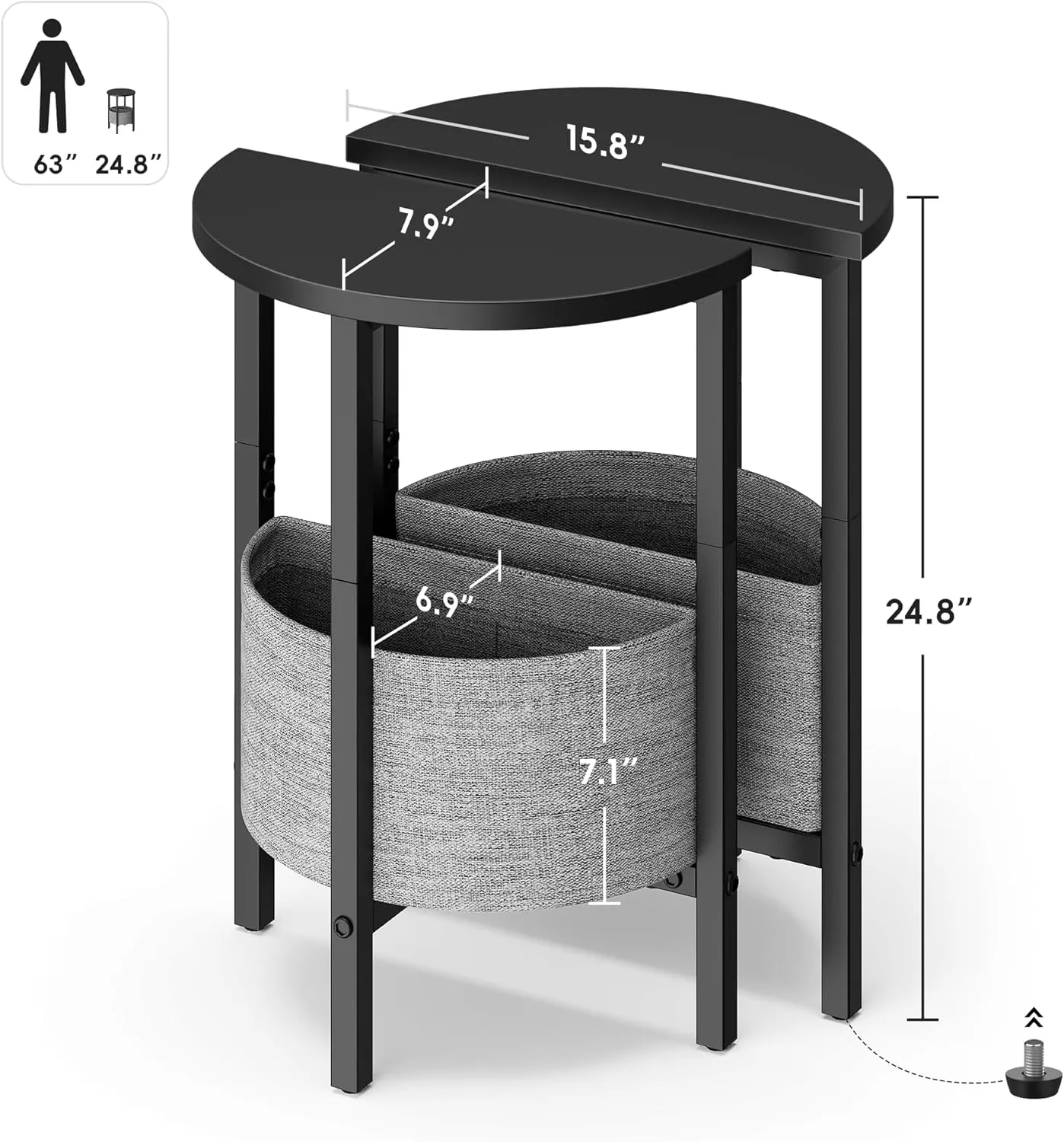 Vagusicc Side Table, Small Round End Table with Fabric Basket, Set of 2 Half Round Side Table Half Moon Tables, Modern Accent Coffee Tables, Sofa Table Nightstand for Living Room Bedroom Small Space