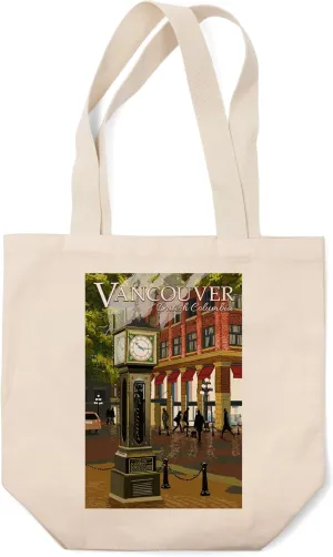 Vancouver, British Columbia, Painterly, Steam Clock (100% Cotton Canvas Reusable Tote Bag)