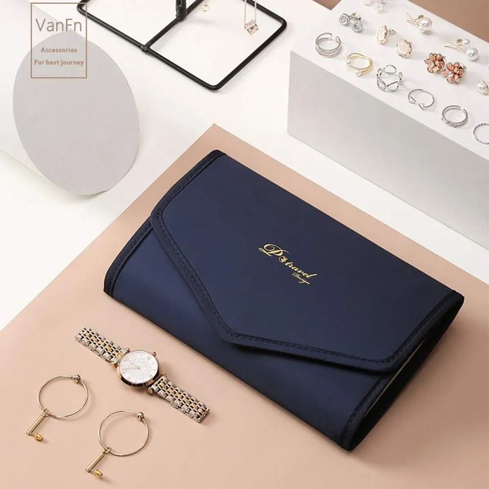 VanFn Jewelry Rolls, Travel Jewelry Organizer Roll, Foldable Jewelry Case, Women Jewelry Storage Bag for Journey-Rings, Necklaces, Earrings, Bracelets, Watches, Brooches P.Travel Series (Navy Blue)
