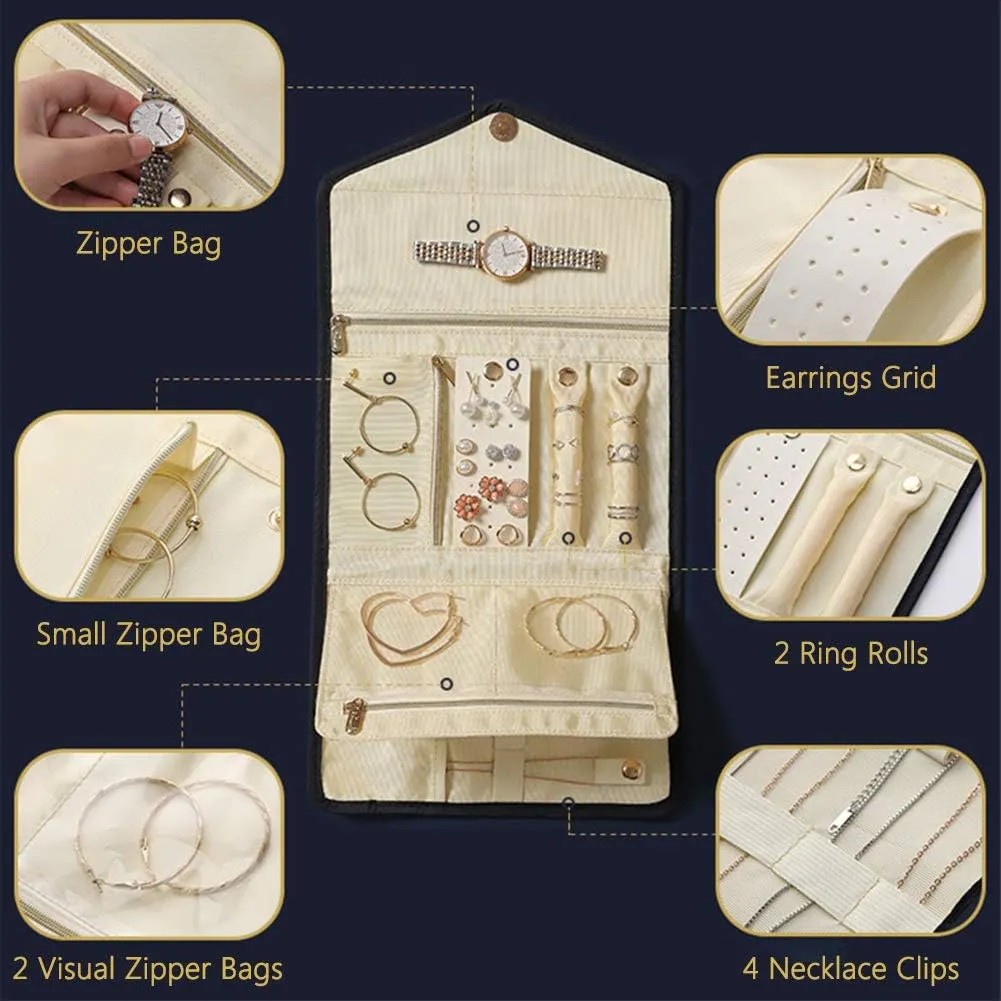 VanFn Jewelry Rolls, Travel Jewelry Organizer Roll, Foldable Jewelry Case, Women Jewelry Storage Bag for Journey-Rings, Necklaces, Earrings, Bracelets, Watches, Brooches P.Travel Series (Navy Blue)
