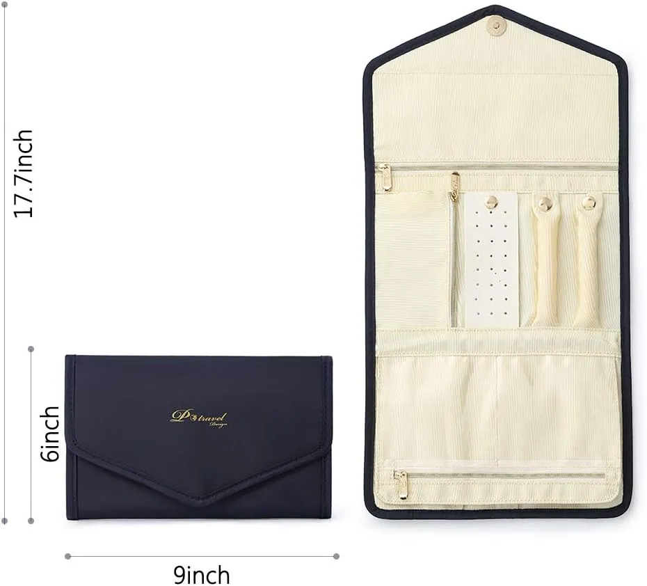 VanFn Jewelry Rolls, Travel Jewelry Organizer Roll, Foldable Jewelry Case, Women Jewelry Storage Bag for Journey-Rings, Necklaces, Earrings, Bracelets, Watches, Brooches P.Travel Series (Navy Blue)