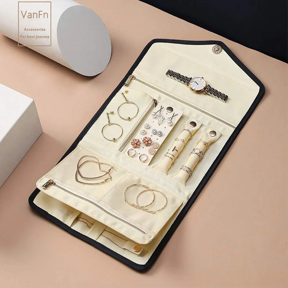 VanFn Jewelry Rolls, Travel Jewelry Organizer Roll, Foldable Jewelry Case, Women Jewelry Storage Bag for Journey-Rings, Necklaces, Earrings, Bracelets, Watches, Brooches P.Travel Series (Navy Blue)