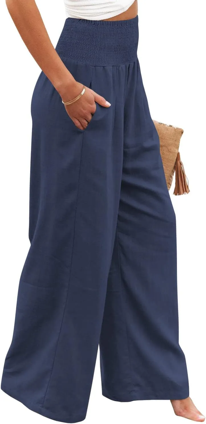 Vansha Women Summer High Waisted Cotton Linen Palazzo Pants Wide Leg Long Lounge Pant Trousers with Pocket
