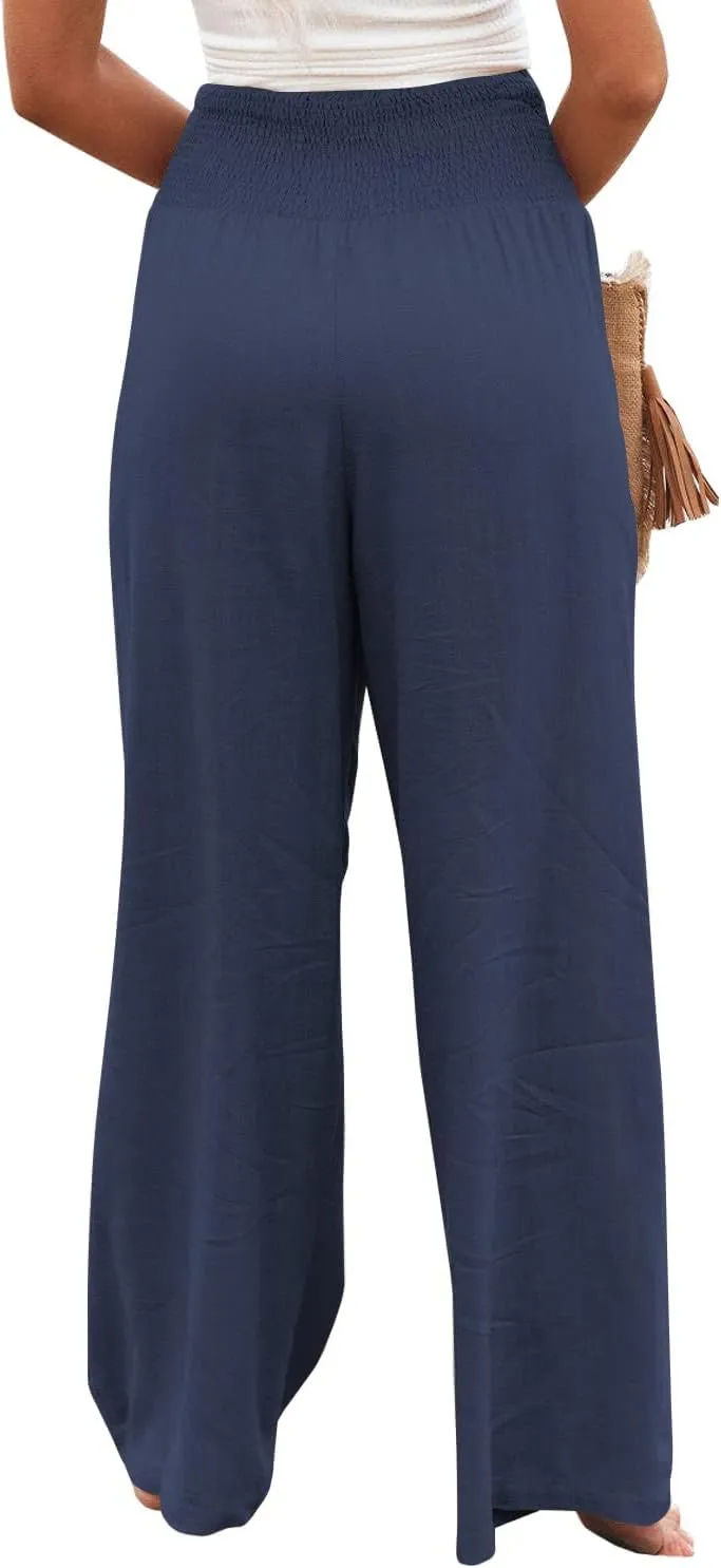 Vansha Women Summer High Waisted Cotton Linen Palazzo Pants Wide Leg Long Lounge Pant Trousers with Pocket