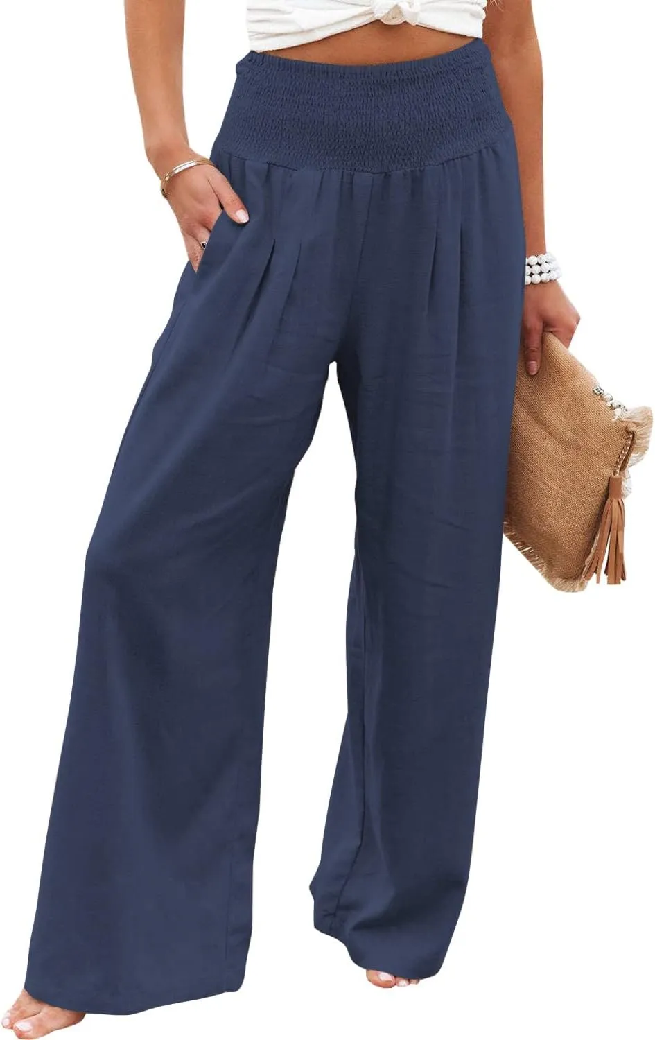 Vansha Women Summer High Waisted Cotton Linen Palazzo Pants Wide Leg Long Lounge Pant Trousers with Pocket
