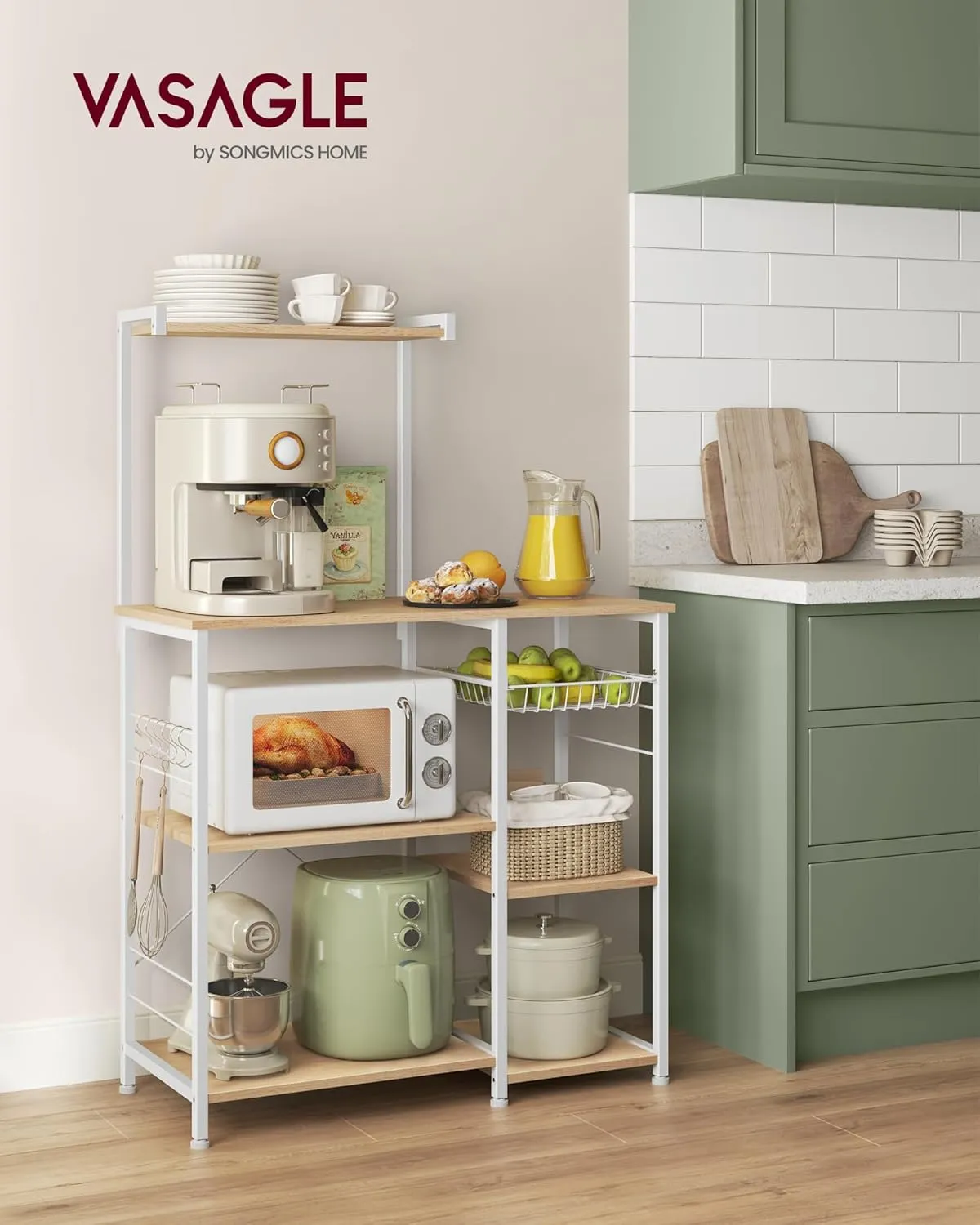 VASAGLE Baker's Rack, Microwave Stand, Kitchen Storage Rack with Wire Basket, 6 Hooks, and Shelves, for Spices, Pots, and Pans, Golden Oak and Cloud White UKKS035W09