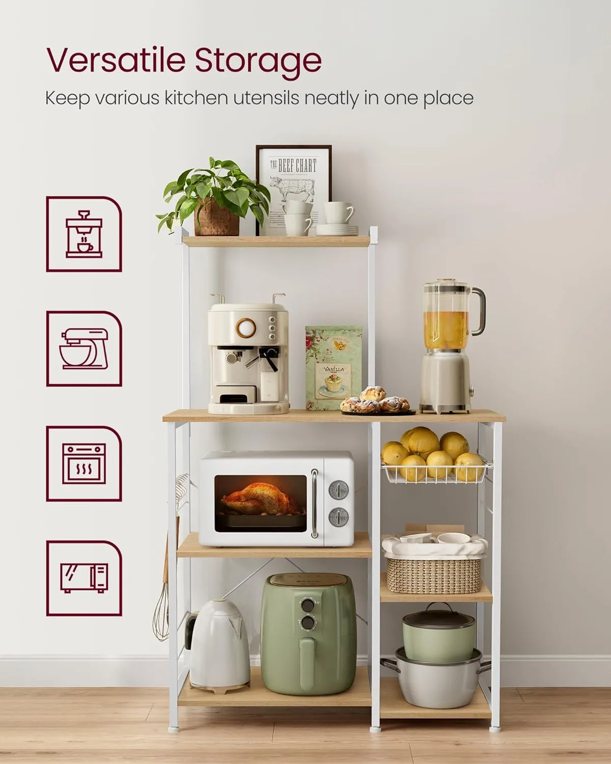 VASAGLE Baker's Rack, Microwave Stand, Kitchen Storage Rack with Wire Basket, 6 Hooks, and Shelves, for Spices, Pots, and Pans, Golden Oak and Cloud White UKKS035W09