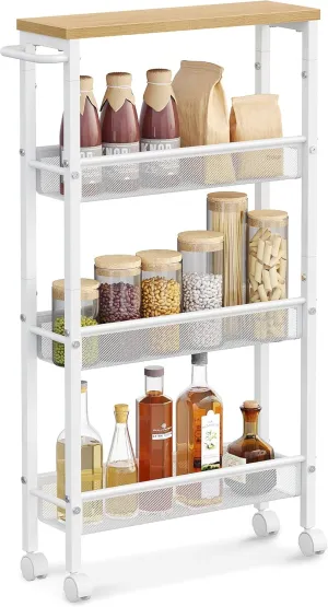 VASAGLE Slim Rolling Cart, 4-Tier Storage Cart, Narrow Cart with Handle, 5.1 Inches Deep, Metal Frame, for Kitchen, Dining Room, Living Room, Home Office, Oak Beige and Classic White ULRC032W09