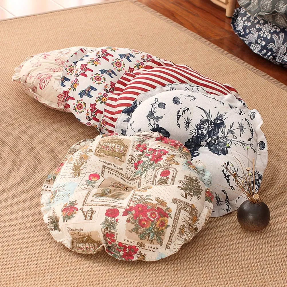 vctops Boho Soft Round Floor Pillow Cushion with Ruffles, Cotton Linen Print Chair Pad Tatami for Meditation, Yoga, Living Room, Balcony (Dark Grey,18"x18"x5")