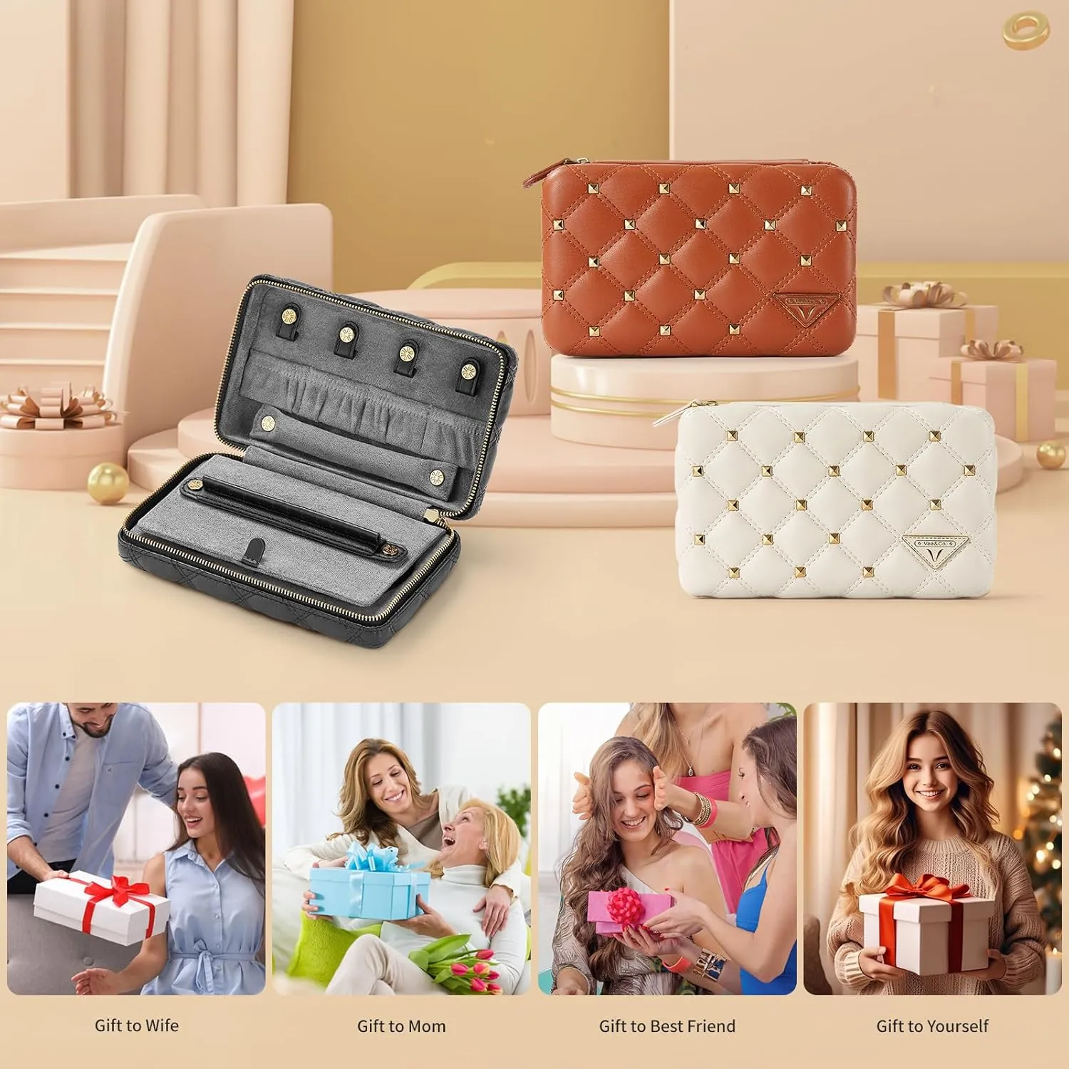 Vee Travel Jewelry Box Organizer,Diamond Quilted Leather Travel Jewelry Case,Jewelry Organiser for Bracelets/Rings/Necklaces,Gift for Women and Girls (Brown)