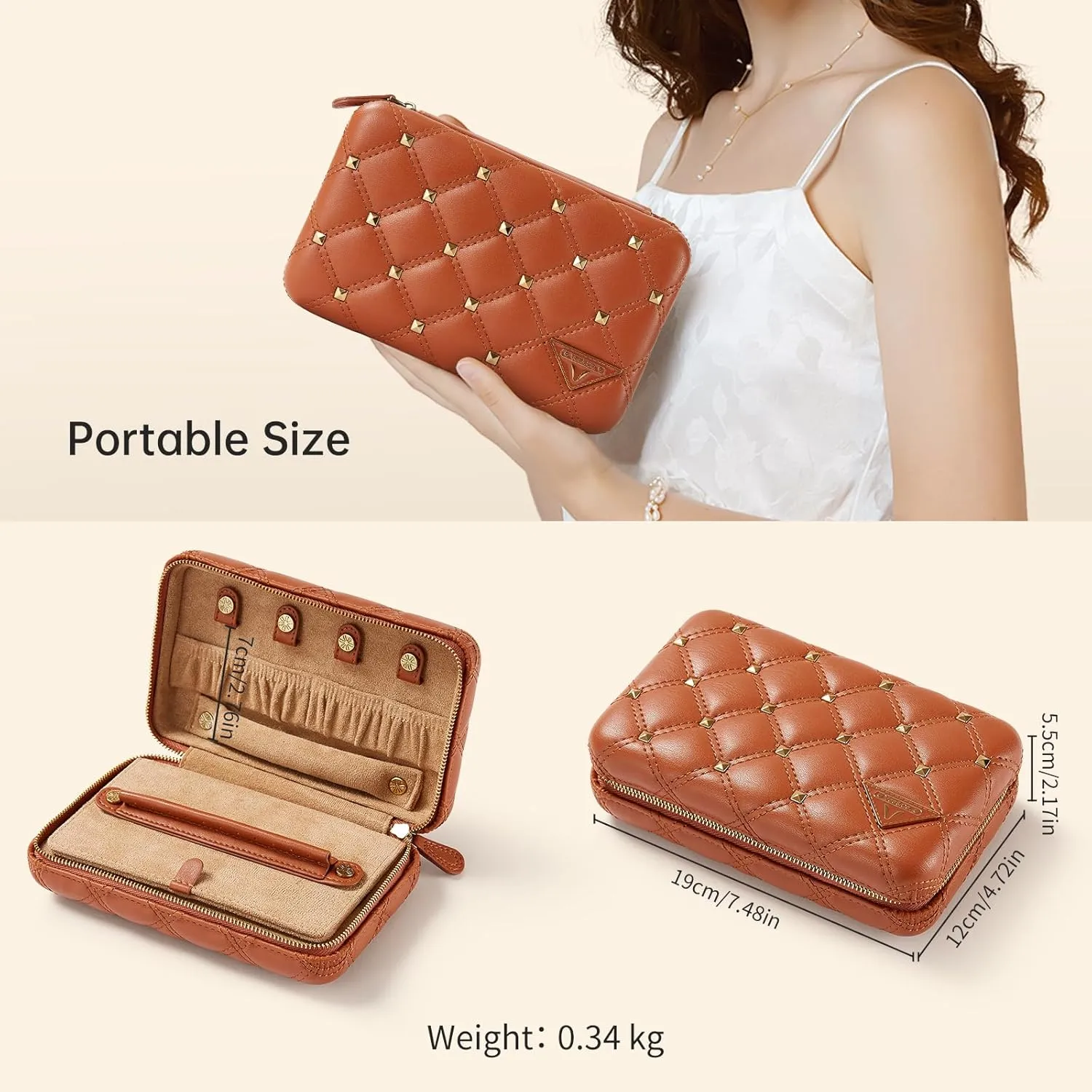 Vee Travel Jewelry Box Organizer,Diamond Quilted Leather Travel Jewelry Case,Jewelry Organiser for Bracelets/Rings/Necklaces,Gift for Women and Girls (Brown)