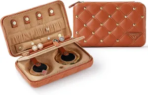 Vee Travel Jewelry Box Organizer,Diamond Quilted Leather Travel Jewelry Case,Jewelry Organiser for Bracelets/Rings/Necklaces,Gift for Women and Girls (Brown)