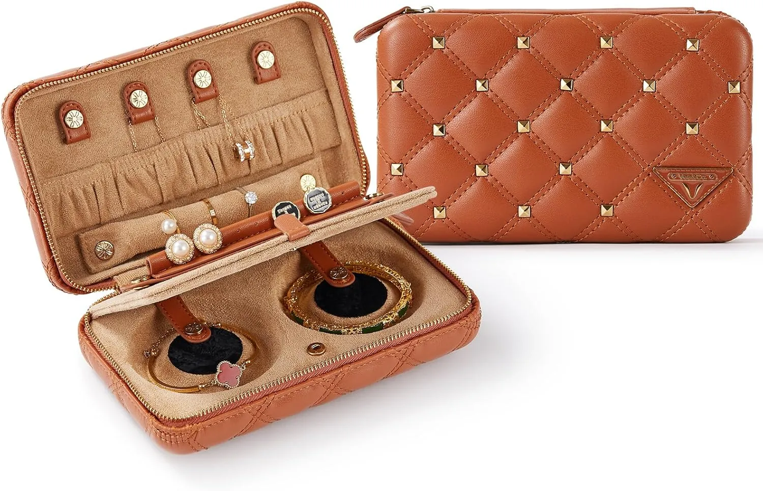 Vee Travel Jewelry Box Organizer,Diamond Quilted Leather Travel Jewelry Case,Jewelry Organiser for Bracelets/Rings/Necklaces,Gift for Women and Girls (Brown)