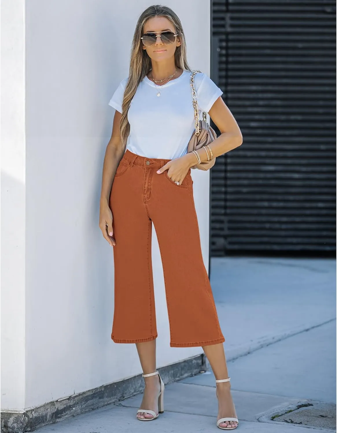 Vetinee Wide Leg Capri Jeans for Women High Waisted Stretch Cropped Baggy Denim Capris Dressy Pants