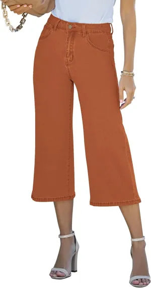 Vetinee Wide Leg Capri Jeans for Women High Waisted Stretch Cropped Baggy Denim Capris Dressy Pants