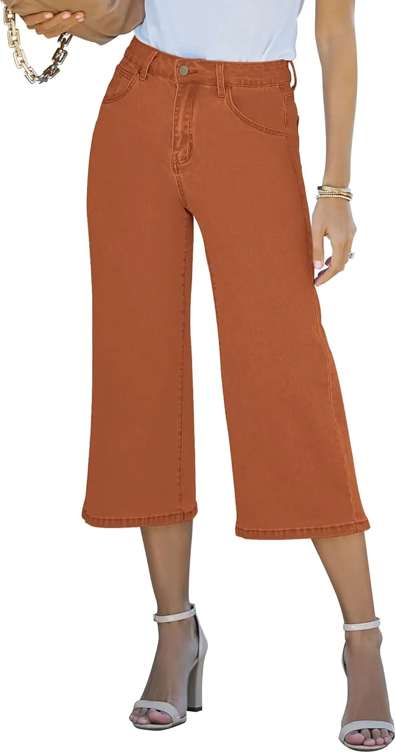 Vetinee Wide Leg Capri Jeans for Women High Waisted Stretch Cropped Baggy Denim Capris Dressy Pants