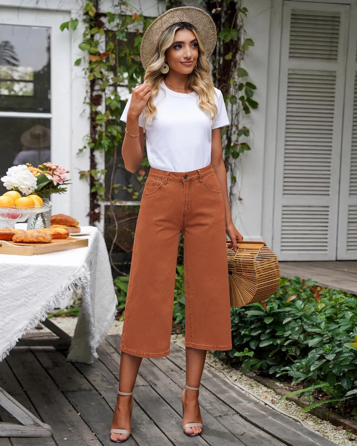 Vetinee Wide Leg Capri Jeans for Women High Waisted Stretch Cropped Baggy Denim Capris Dressy Pants