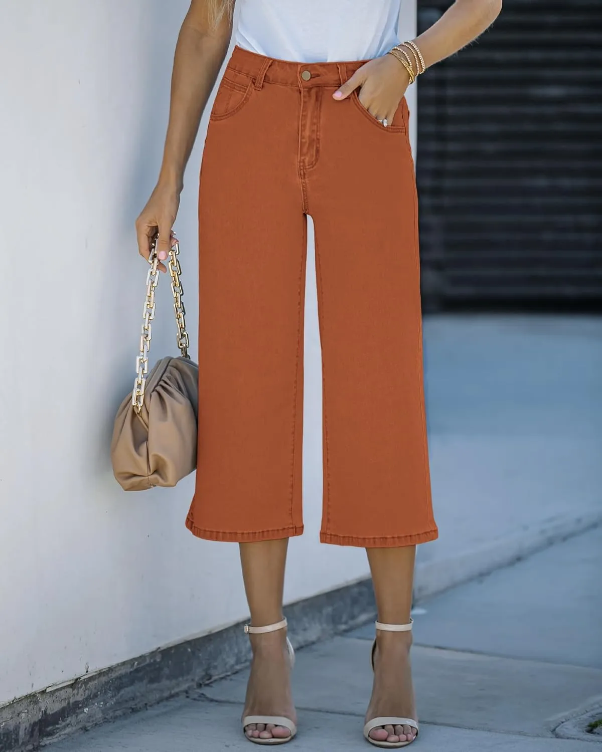Vetinee Wide Leg Capri Jeans for Women High Waisted Stretch Cropped Baggy Denim Capris Dressy Pants