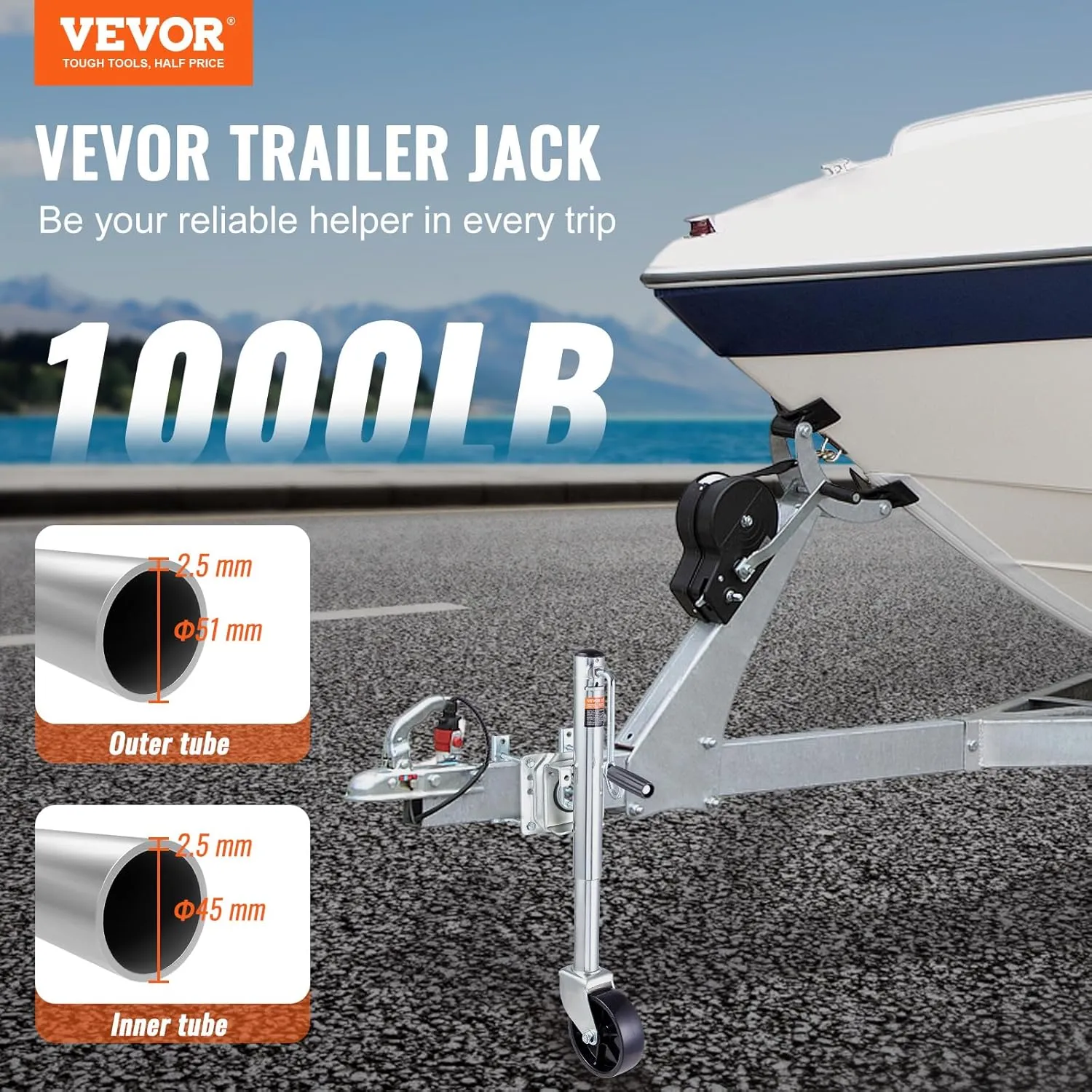 VEVOR 1000 lbs Trailer Jack with Wheel, Heavy Duty Swivel Boat Trailer Jack, 10" Lift, Bolt-on Trailer Tongue Jack for RV Boat