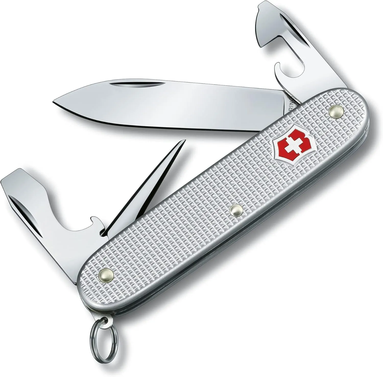 Victorinox Pioneer Alox Swiss Army Knife, 8 Functions, Swiss Made Pocket Knife with Reamer, Key Ring, Can Opener and Large Blade - Silver