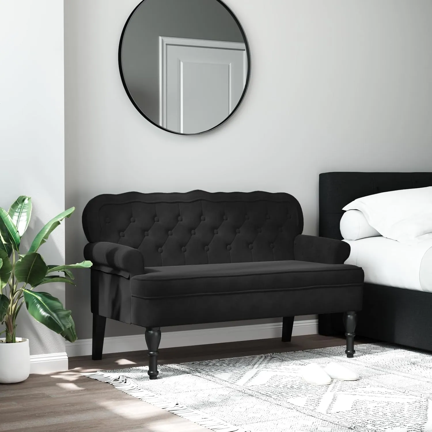 vidaXL 47" W Small Loveseat, Velvet Chesterfield Sofa with Button Tufting & Rolled Armrests for Small Spaces, 2 Seater Couch for Living Room & Bedroom, Black
