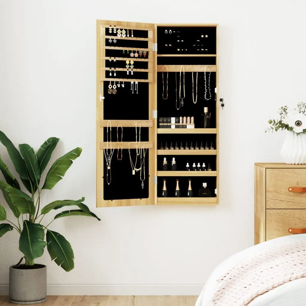 vidaXL Modern Wall Mounted Jewelry Cabinet with Full-Length Mirror, Lockable Design, Durable Engineered Wood Construction - Brown, 14.8" x 3.9" x 41.7"