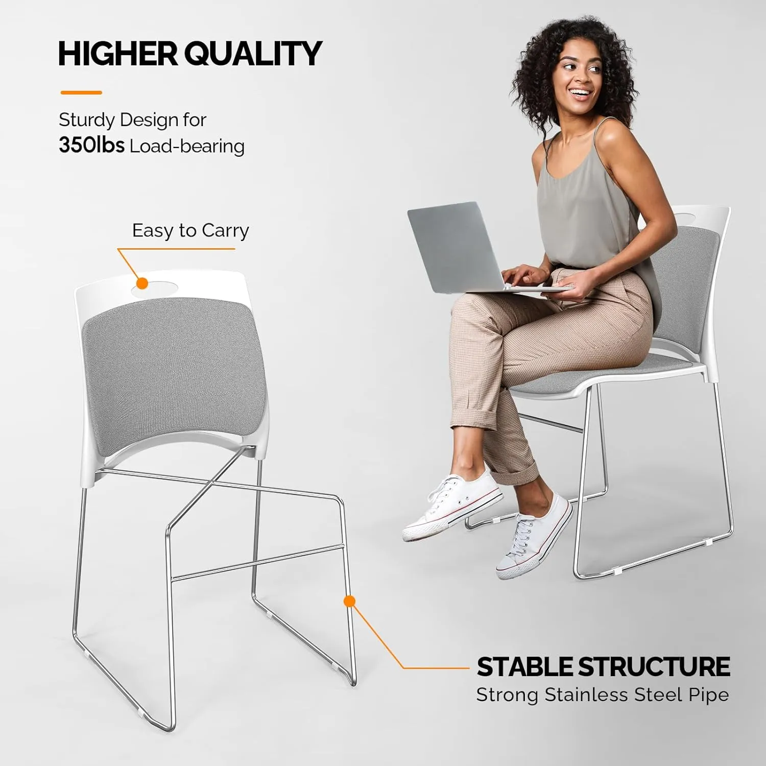 VINGLI Stackable Chairs Set of 4, Stacking Office Chairs with Metal Sled Base, Ergonomic Plastic Padded Seat & Back, Capacity 350lbs, Stacking Chairs for Waiting Room Break Room Banquet Guest, Gray