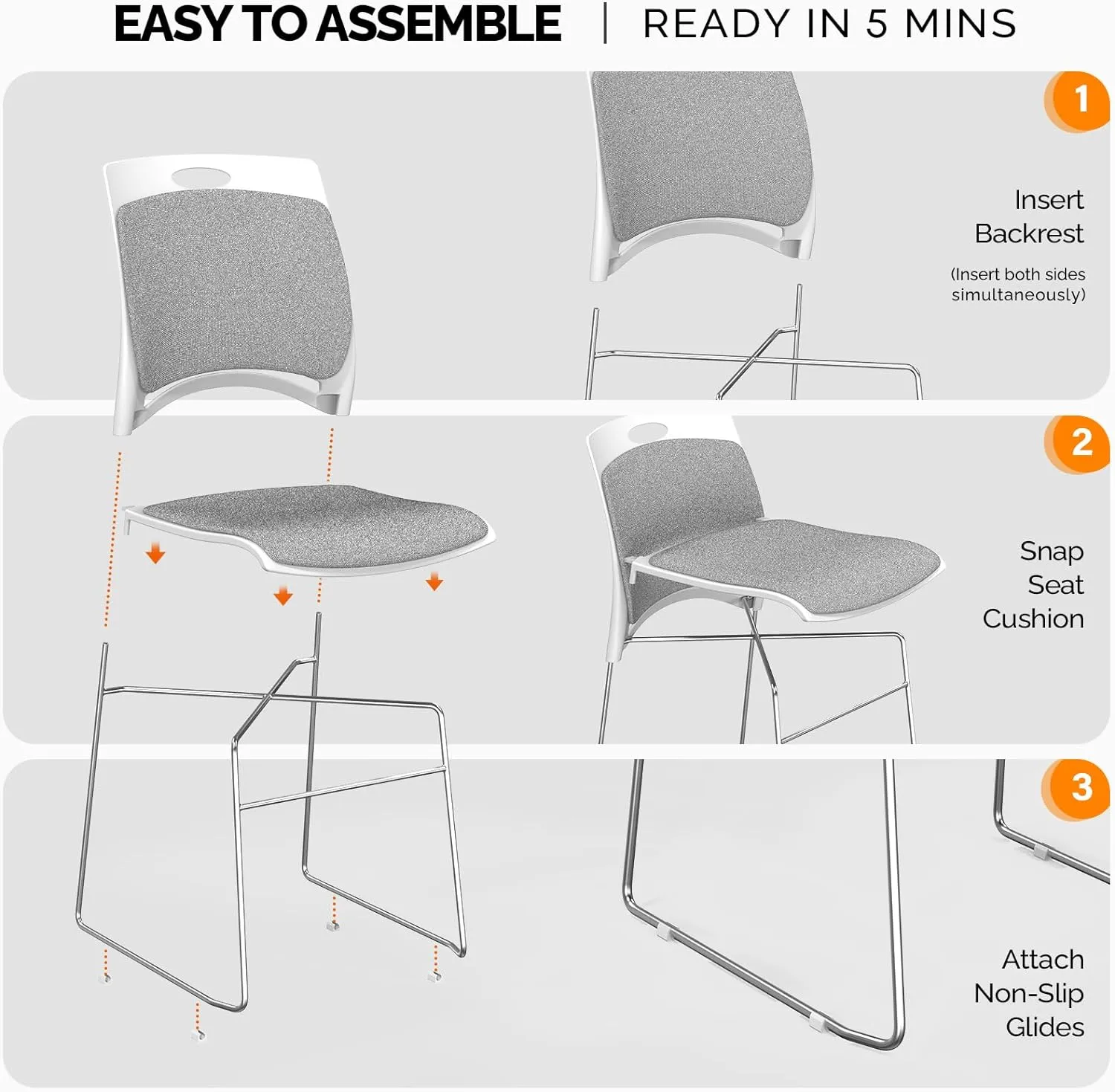 VINGLI Stackable Chairs Set of 4, Stacking Office Chairs with Metal Sled Base, Ergonomic Plastic Padded Seat & Back, Capacity 350lbs, Stacking Chairs for Waiting Room Break Room Banquet Guest, Gray