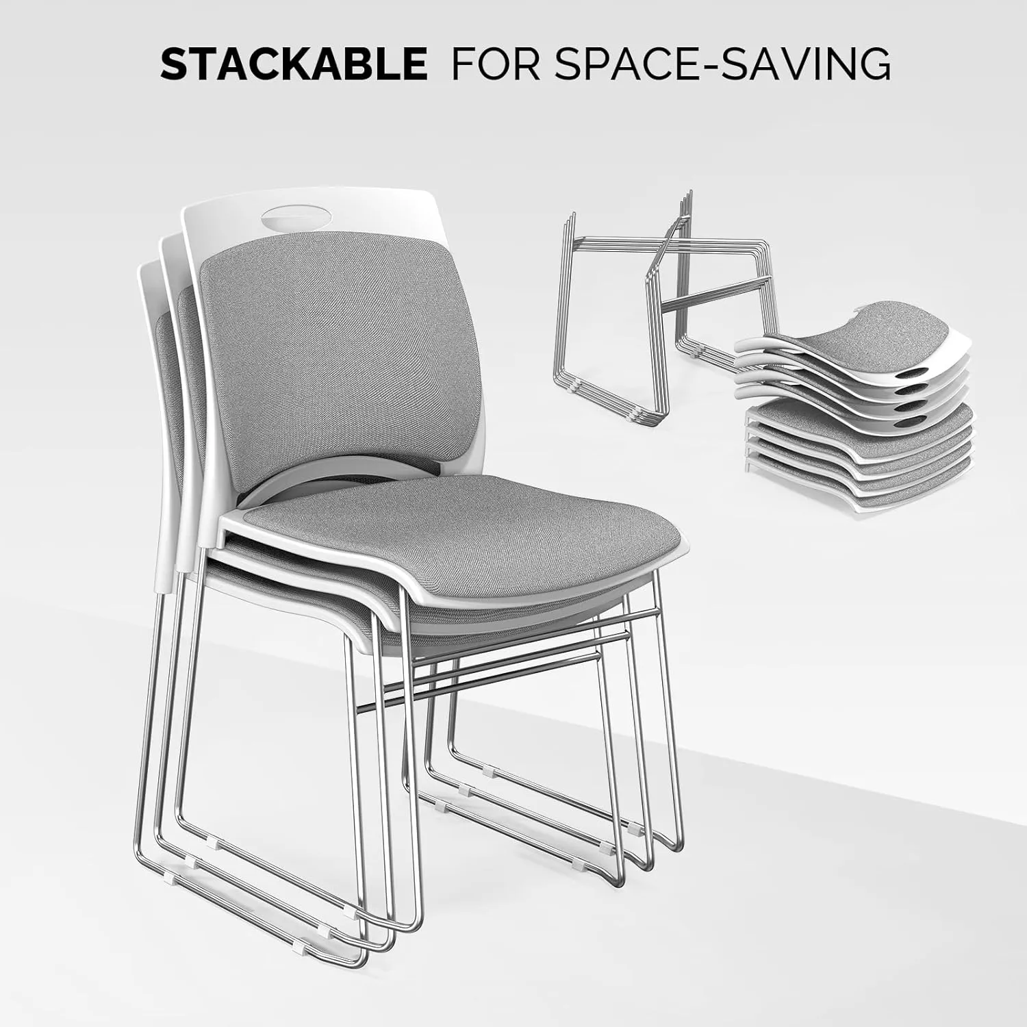 VINGLI Stackable Chairs Set of 4, Stacking Office Chairs with Metal Sled Base, Ergonomic Plastic Padded Seat & Back, Capacity 350lbs, Stacking Chairs for Waiting Room Break Room Banquet Guest, Gray