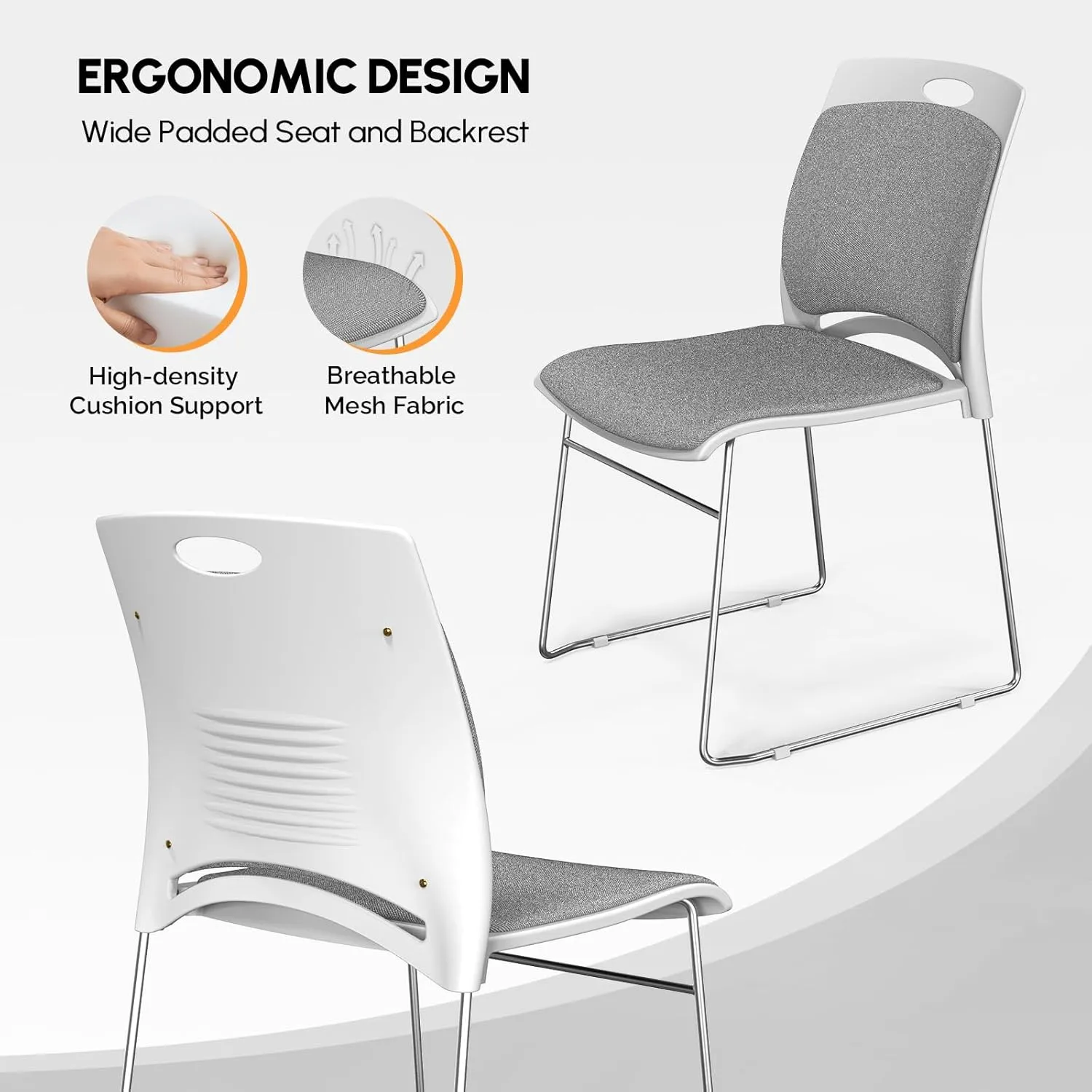 VINGLI Stackable Chairs Set of 4, Stacking Office Chairs with Metal Sled Base, Ergonomic Plastic Padded Seat & Back, Capacity 350lbs, Stacking Chairs for Waiting Room Break Room Banquet Guest, Gray