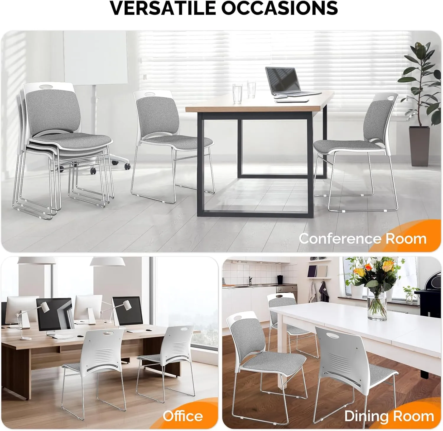 VINGLI Stackable Chairs Set of 4, Stacking Office Chairs with Metal Sled Base, Ergonomic Plastic Padded Seat & Back, Capacity 350lbs, Stacking Chairs for Waiting Room Break Room Banquet Guest, Gray