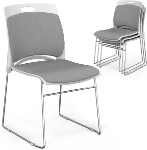 VINGLI Stackable Chairs Set of 4, Stacking Office Chairs with Metal Sled Base, Ergonomic Plastic Padded Seat & Back, Capacity 350lbs, Stacking Chairs for Waiting Room Break Room Banquet Guest, Gray