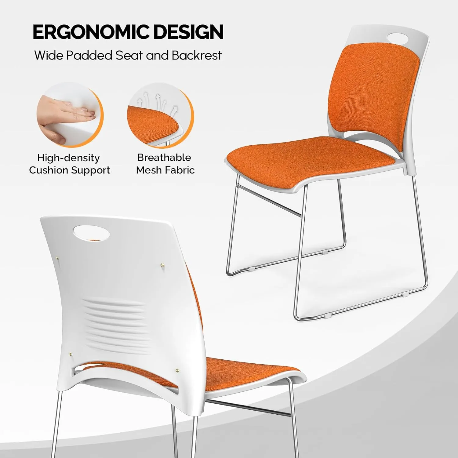 VINGLI Stackable Chairs Set of 4, Stacking Office Chairs with Metal Sled Base, Ergonomic Plastic Padded Seat & Back, Capacity 350lbs, Stacking Chairs for Waiting Room Break Room Banquet Guest, Orange