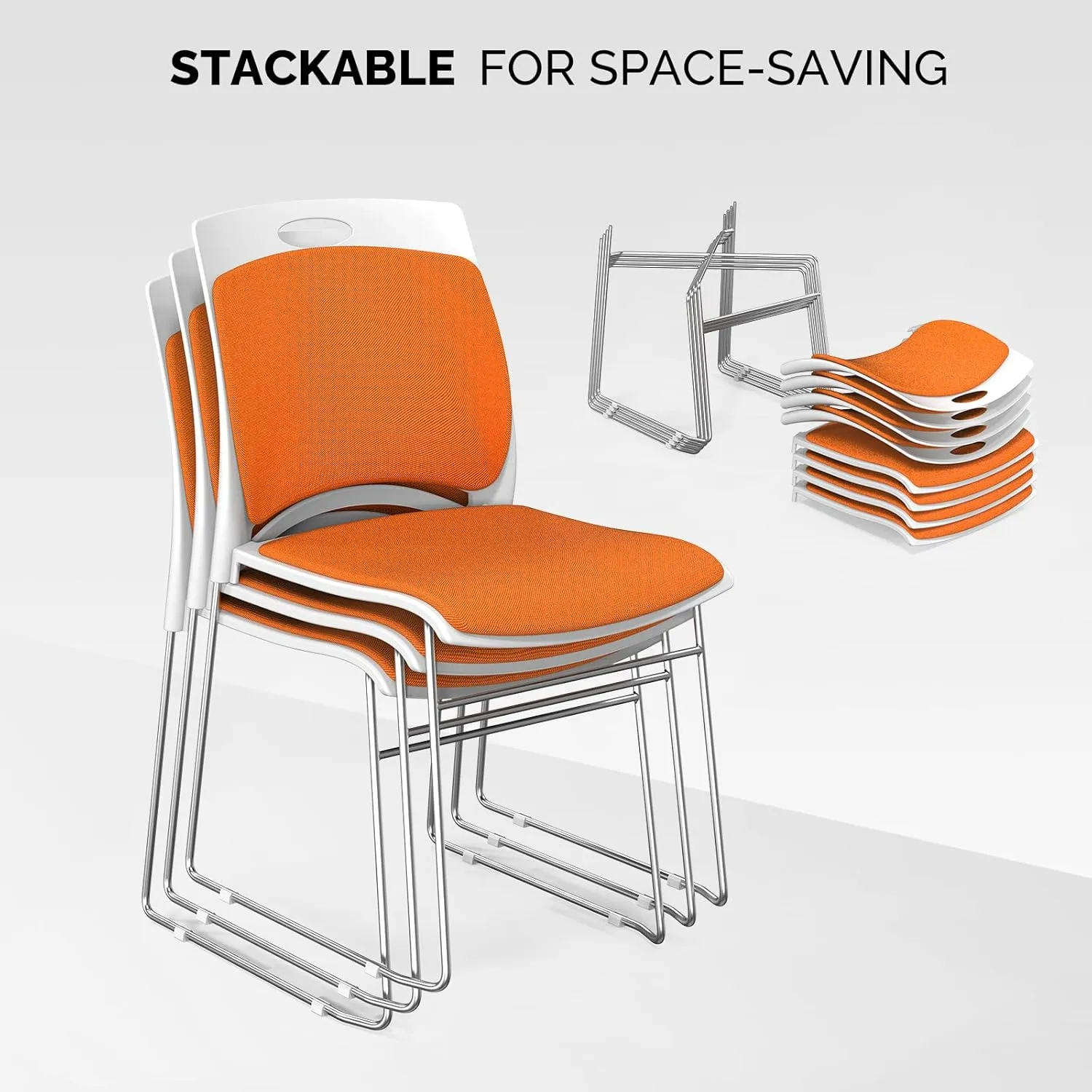 VINGLI Stackable Chairs Set of 4, Stacking Office Chairs with Metal Sled Base, Ergonomic Plastic Padded Seat & Back, Capacity 350lbs, Stacking Chairs for Waiting Room Break Room Banquet Guest, Orange
