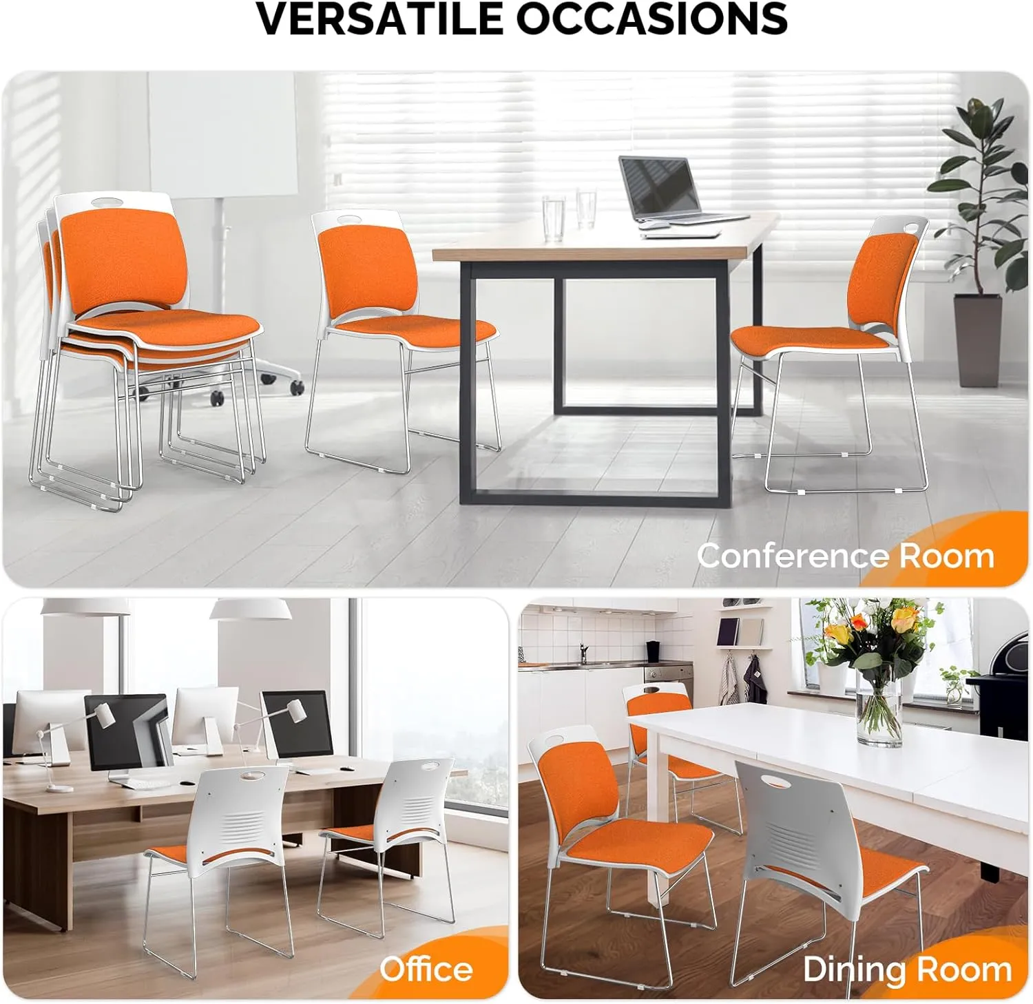 VINGLI Stackable Chairs Set of 4, Stacking Office Chairs with Metal Sled Base, Ergonomic Plastic Padded Seat & Back, Capacity 350lbs, Stacking Chairs for Waiting Room Break Room Banquet Guest, Orange