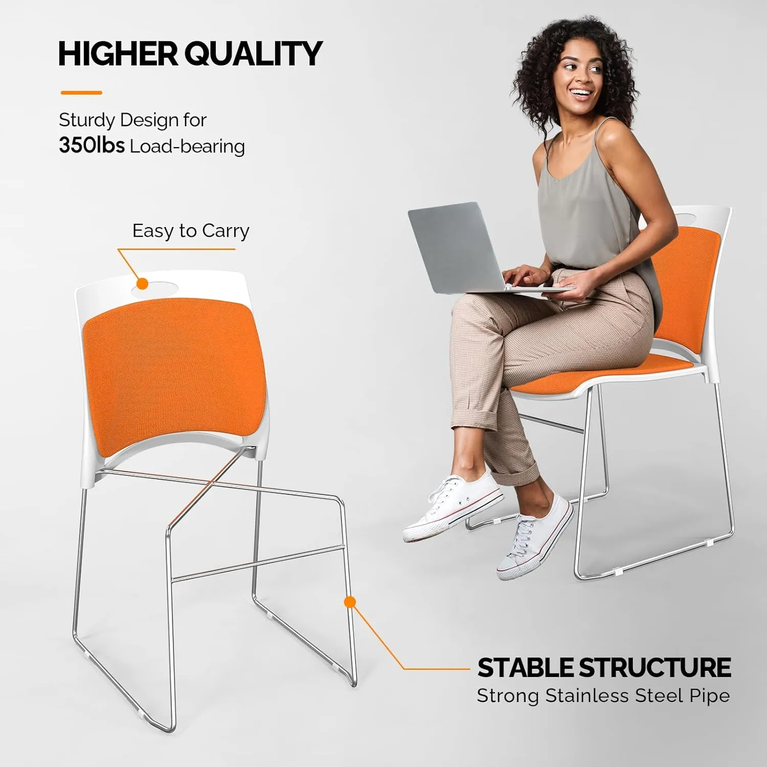 VINGLI Stackable Chairs Set of 4, Stacking Office Chairs with Metal Sled Base, Ergonomic Plastic Padded Seat & Back, Capacity 350lbs, Stacking Chairs for Waiting Room Break Room Banquet Guest, Orange