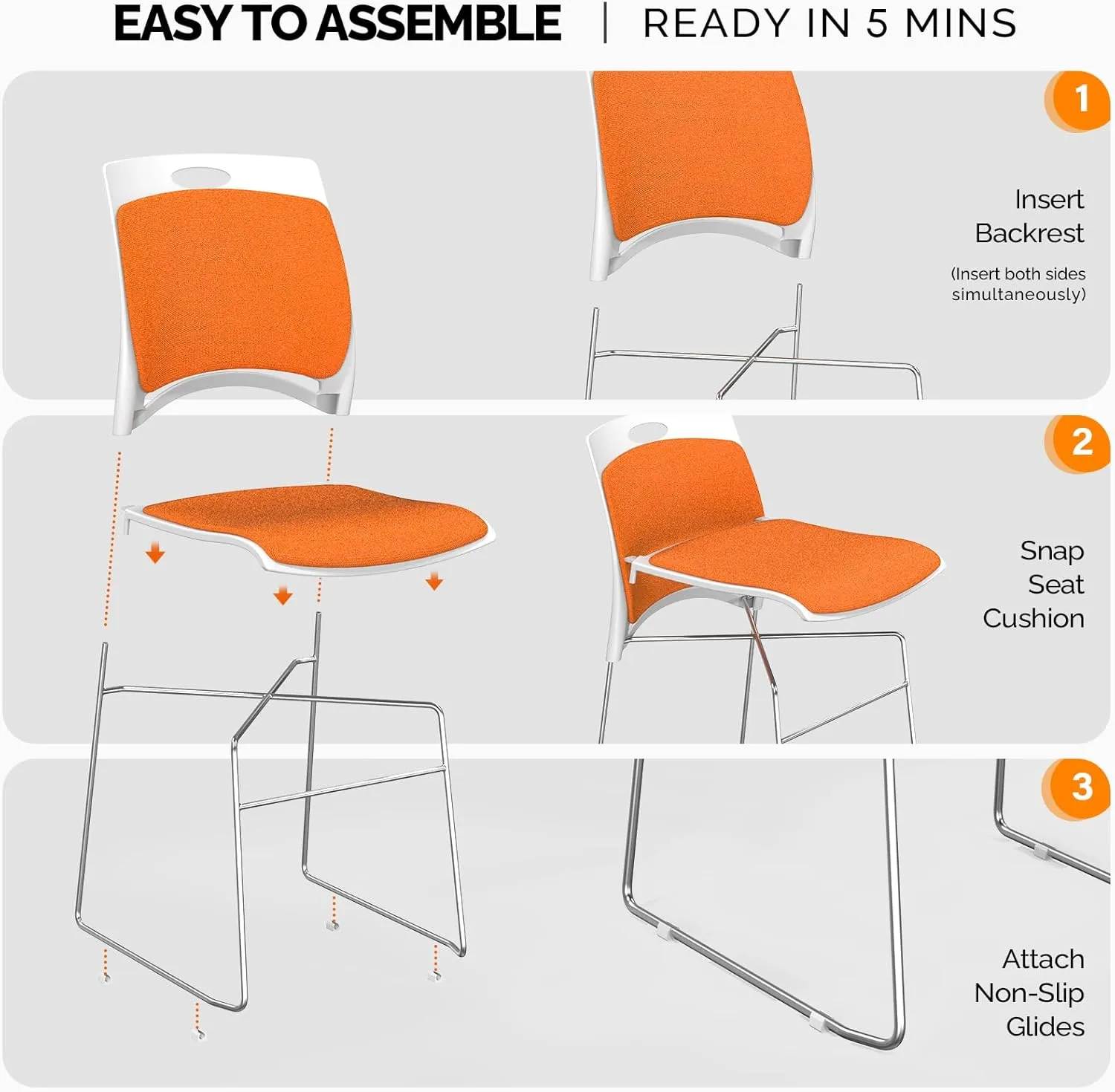 VINGLI Stackable Chairs Set of 4, Stacking Office Chairs with Metal Sled Base, Ergonomic Plastic Padded Seat & Back, Capacity 350lbs, Stacking Chairs for Waiting Room Break Room Banquet Guest, Orange