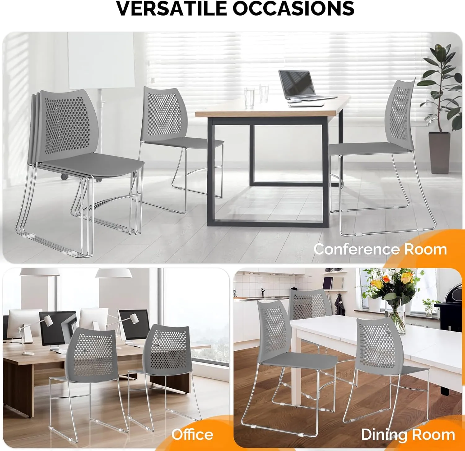 VINGLI Stacking Chairs Set of 10 Pack Stackable Office Chairs with Metal Sled Base, Ergonomic Plastic Seat & Holes Back, Stacking Chairs for Waiting Room Break Room Banquet Guest, Grey