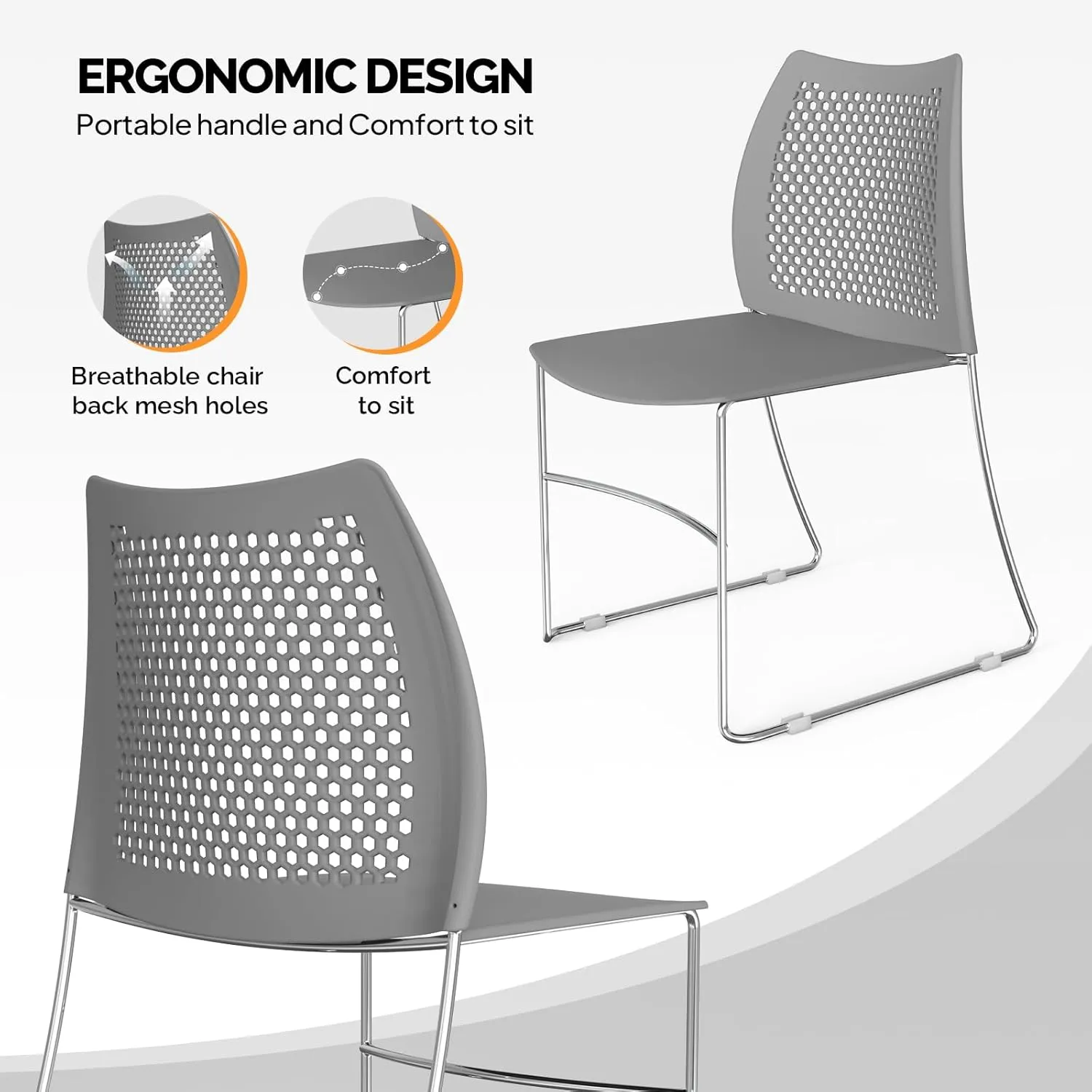 VINGLI Stacking Chairs Set of 10 Pack Stackable Office Chairs with Metal Sled Base, Ergonomic Plastic Seat & Holes Back, Stacking Chairs for Waiting Room Break Room Banquet Guest, Grey