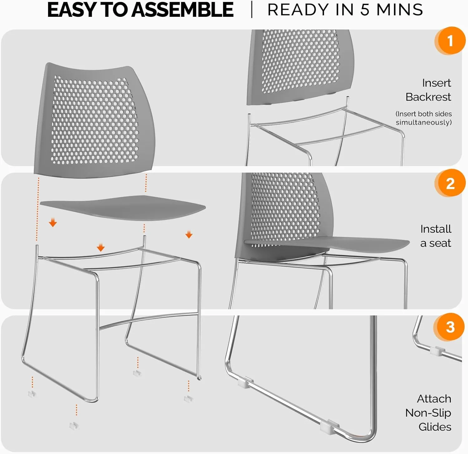 VINGLI Stacking Chairs Set of 10 Pack Stackable Office Chairs with Metal Sled Base, Ergonomic Plastic Seat & Holes Back, Stacking Chairs for Waiting Room Break Room Banquet Guest, Grey