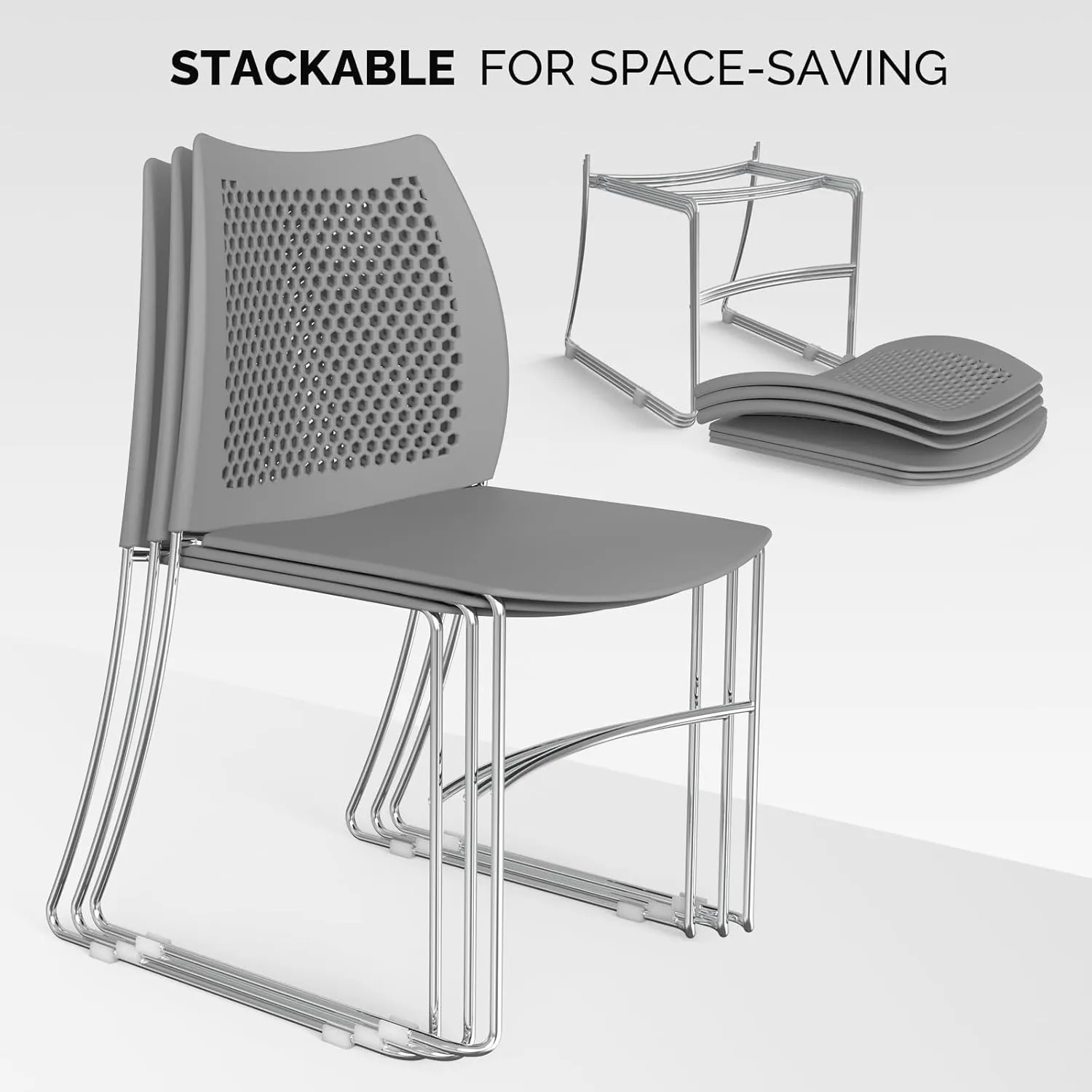 VINGLI Stacking Chairs Set of 10 Pack Stackable Office Chairs with Metal Sled Base, Ergonomic Plastic Seat & Holes Back, Stacking Chairs for Waiting Room Break Room Banquet Guest, Grey