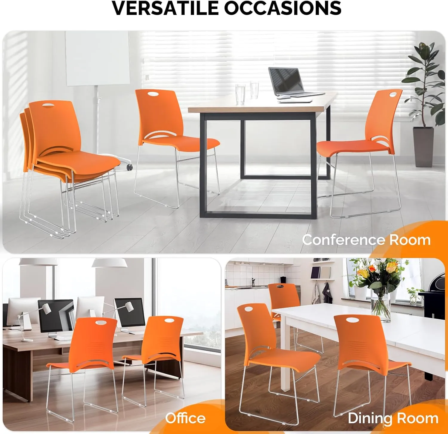 VINGLI Stacking Chairs Set of 4 Stackable Office Chairs with Metal Sled Base, Ergonomic Plastic Seat, Stacking Chairs for Waiting Room Break Room Banquet Guest, Orange