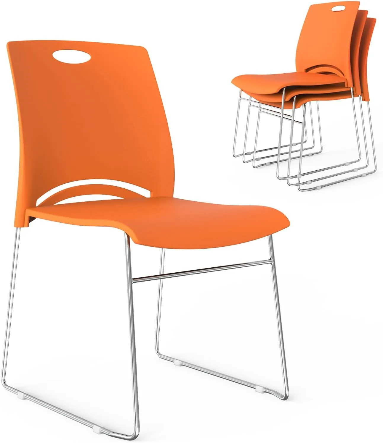VINGLI Stacking Chairs Set of 4 Stackable Office Chairs with Metal Sled Base, Ergonomic Plastic Seat, Stacking Chairs for Waiting Room Break Room Banquet Guest, Orange