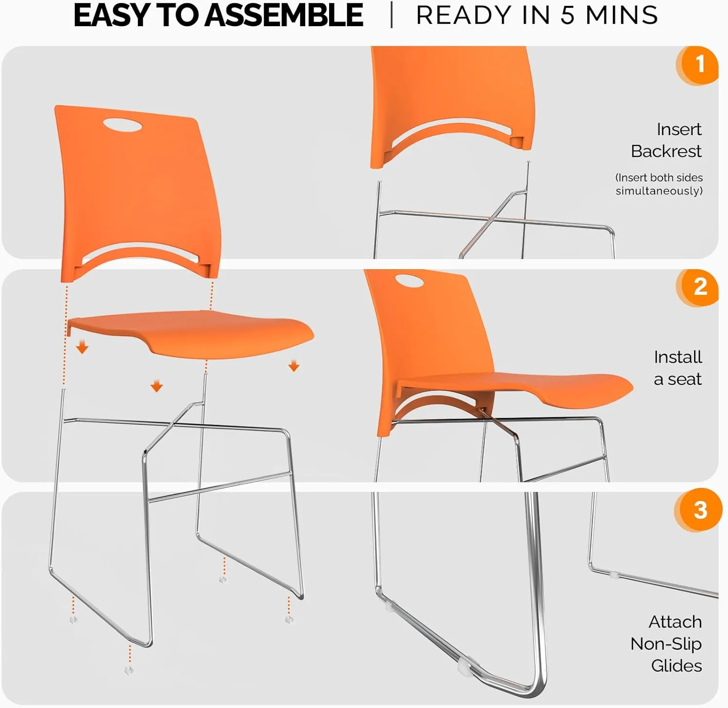 VINGLI Stacking Chairs Set of 4 Stackable Office Chairs with Metal Sled Base, Ergonomic Plastic Seat, Stacking Chairs for Waiting Room Break Room Banquet Guest, Orange