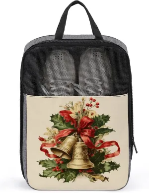 Vintage Golden Bell Ribbons Flowers Shoe Bag for Travel Daily Use Anti-dust Storage Carrier Golf Shoe Pouch