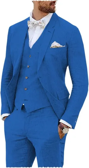Vintage Linen Suit for Men's 3 Piece Formal Wedding Suit Groomsmen Wear