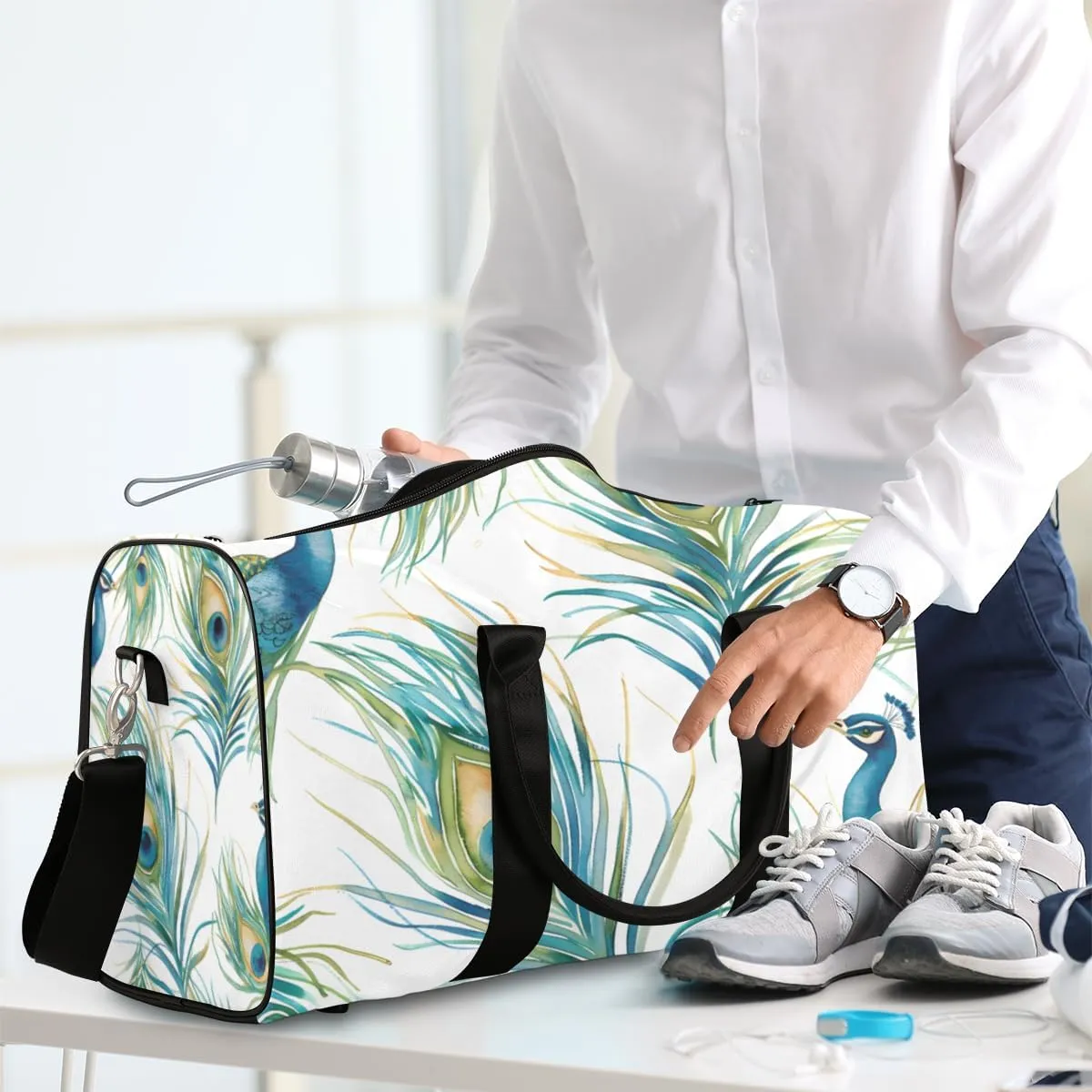 Vintage Peacock Travel Duffle Bag for Women Men Gym Duffel Foldable Bag Waterproof Weekender Peacock Feathers Duffle Tote