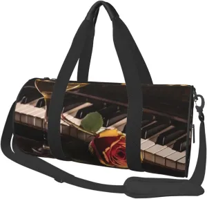 Vintage Rose and Wine on The Piano Travel Duffle Bag for Men Women Sport Gym Bag Foldable Weekender Bag Carry on Overnight Bag for Travel Swimming Basketball