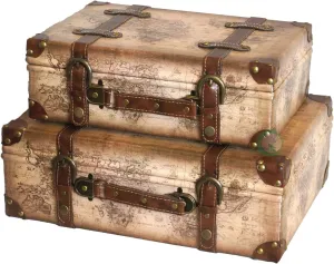 Vintiquewise(TM) Old World Map Leather Vintage Style Suitcase with Straps, Set of 2